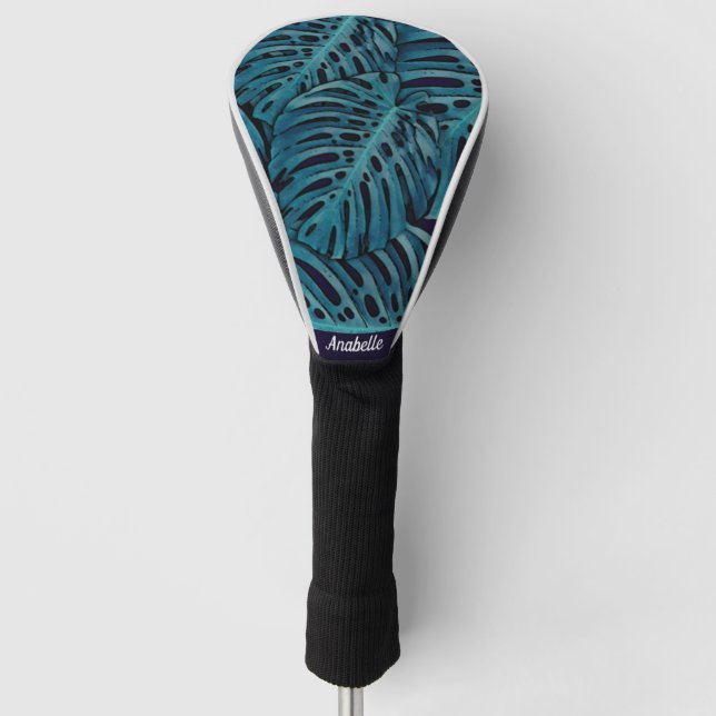 Personalised Modern Turquoise Tropical Design Golf Head Cover (Front)