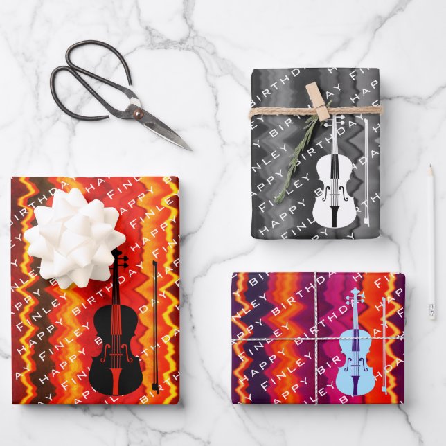 Personalised Modern Violin Name Violinist Birthday Wrapping Paper Sheet (Front)