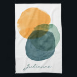 Personalised Modern Watercolor Circle Abstract Tea Towel<br><div class="desc">This personalised kitchen towel features overlapping watercolor circles in soft orange, sage green, and navy blue, with a custom script name along the bottom. Perfect for kitchen decor, hostess gifts, or everyday use, this design adds a modern and artistic touch to any cooking space. A stylish option for newlyweds, moms,...</div>