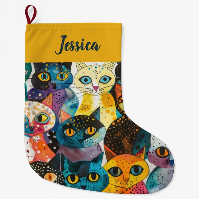 Personalised  Modern Whimsical Cat Design Large Christmas Stocking (Front)
