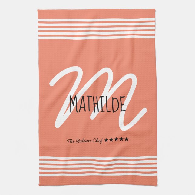 Personalised Modern White Elegant Monogram Chef Tea Towel (Vertical)