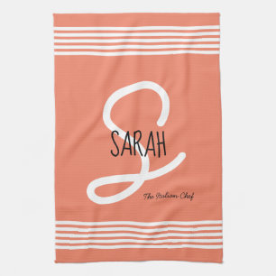 Personalised Modern White Elegant Monogram Coral Tea Towel