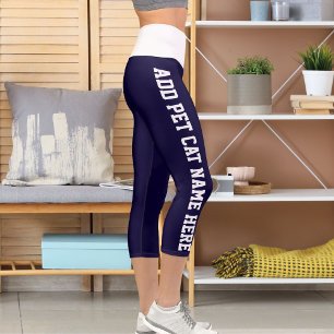 Personalised Modern White Navy Blue Pet Cat Name Capri Leggings