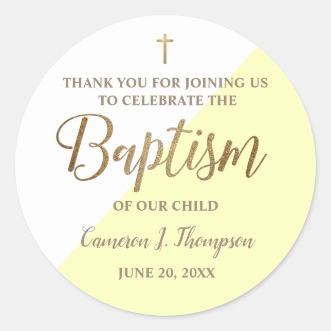 Personalised Modern YELLOW Baby baptism thank you Classic Round Sticker (Front)