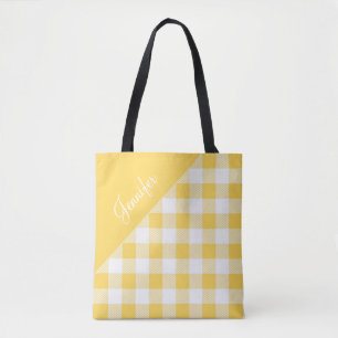 Personalised Modern Yellow Plaid Tote Bag