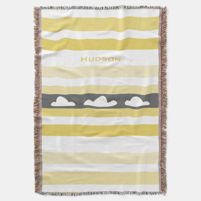 Personalised Modern Yellow Striped Clouds Throw Blanket (Front Vertical)
