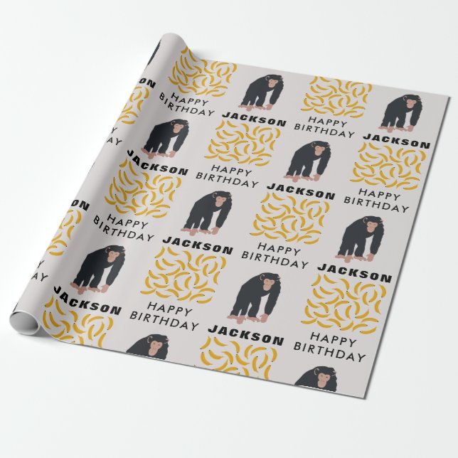 Personalised Monkey Chimpanzee & Banana Birthday  Wrapping Paper (Unrolled)