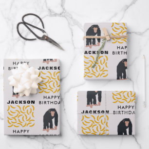 Personalised Monkey Chimpanzee & Banana Birthday Wrapping Paper Sheet
