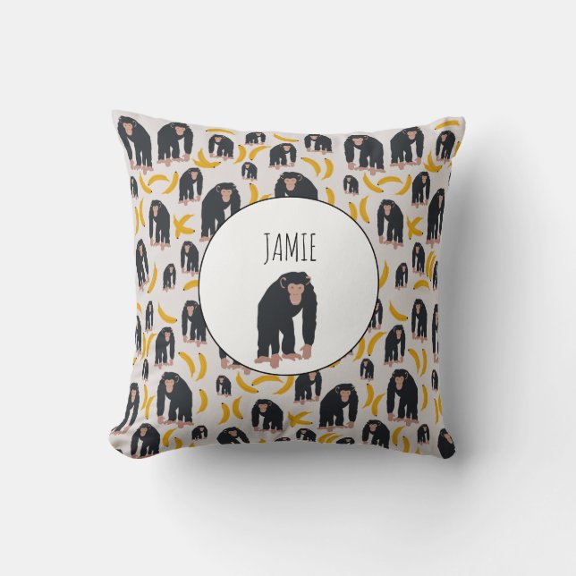 Personalised Monkey Chimpanzee & Banana Pattern Cushion (Front)