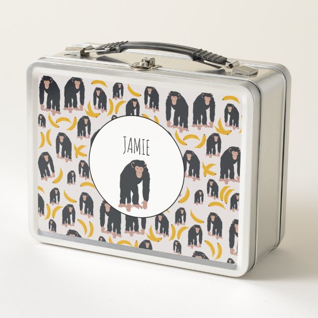 Personalised Monkey Chimpanzee & Banana Pattern Metal Lunch Box (Front)