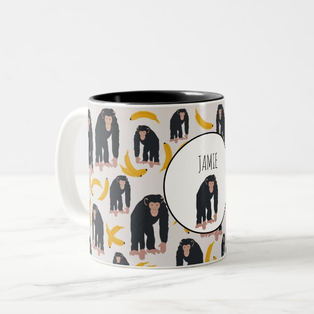 Personalised Monkey Chimpanzee & Banana Pattern Two-Tone Coffee Mug (Front Left)