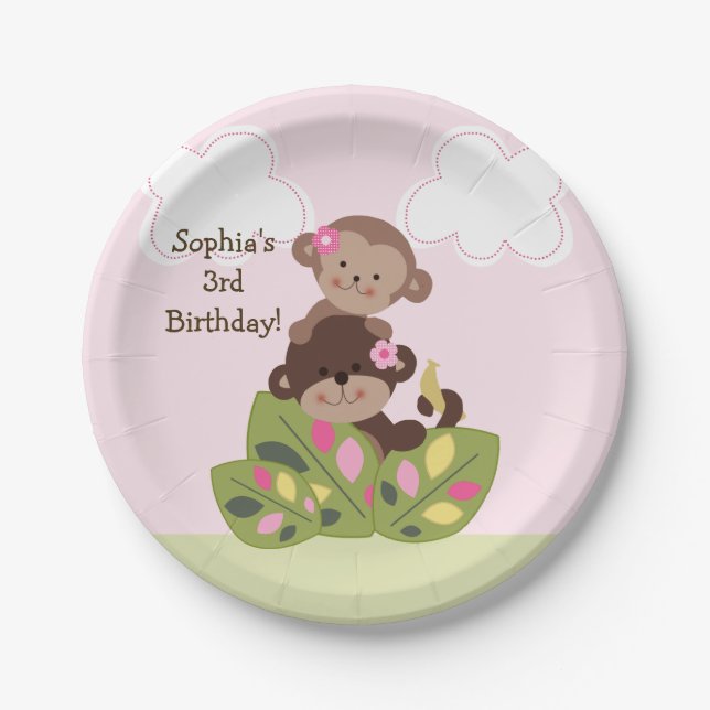 Personalised Monkey Sisters Birthday Party Plates (Front)
