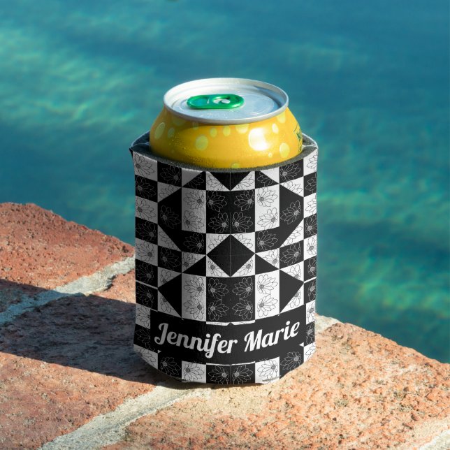 Personalised monochrome chequered floral triangles can cooler (In Situ Pool)