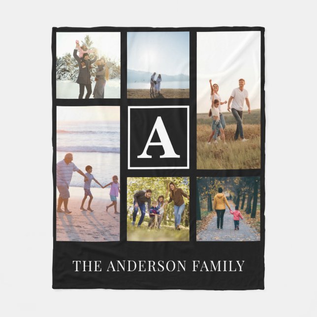 Personalised Monogram 6 Photo Collage Fleece Blanket (Front)