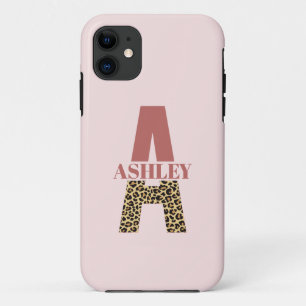 Personalised Monogram A Pink Leopard print iPhone 11 Case