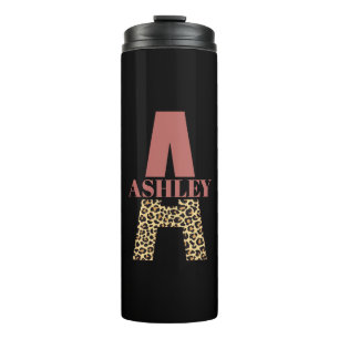 Personalised Monogram A Pink Leopard print Thermal Tumbler