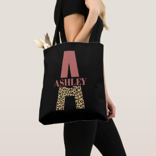 Personalised Monogram A Pink Leopard print  Tote Bag