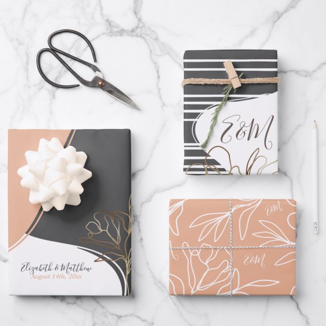 Personalised Monogram Abstract Floral Wedding Wrap Wrapping Paper Sheet (Front)