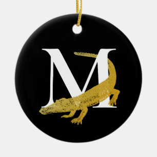 Personalised Monogram Alligator Art Black & Gold Ceramic Ornament
