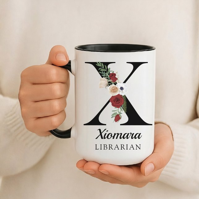 Personalised Monogram Alphabet Mug for Book Lover (Personalized Monogram Floral Alphabet Mug for Mom, Grandma, Teacher, Nurse, Lawyer or Bridesmaid)