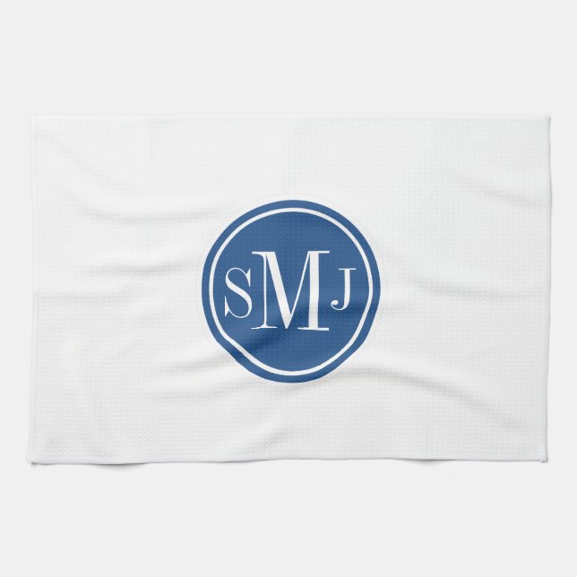 Personalised Monogram and Classic Blue Tea Towel (Horizontal)