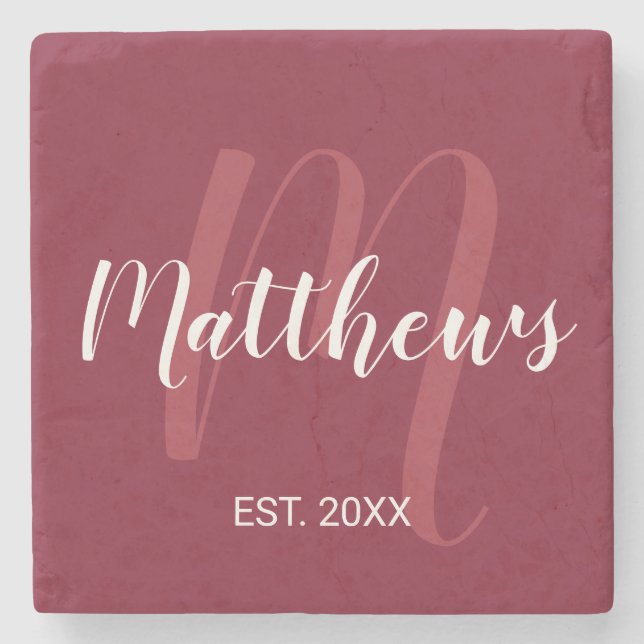 Personalised Monogram and Family Name Burgundy Red Stone Coaster (Front)