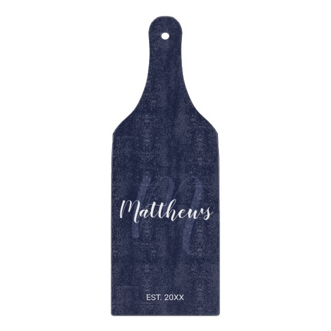 Personalised Monogram and Family Name Navy Blue Cutting Board (Front)