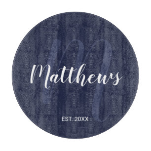 Personalised Monogram and Family Name Navy Blue Cutting Board
