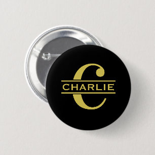 Personalised Monogram And Name Black And Gold 6 Cm Round Badge