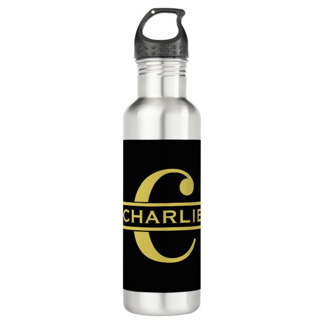 Personalised Monogram And Name Black And Gold 710 Ml Water Bottle (Front)