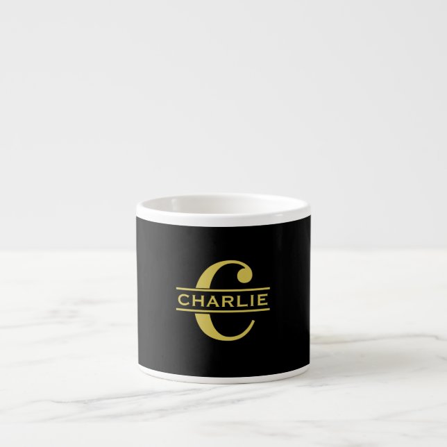 Personalised Monogram And Name Black And Gold Espresso Cup (Front)