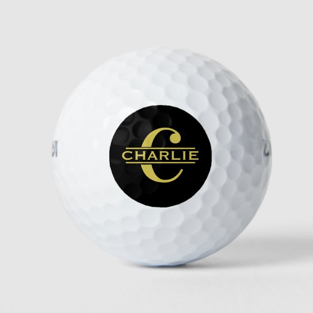 Personalised Monogram And Name Black And Gold Golf Balls (Front)