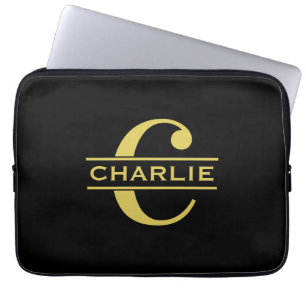 Personalised Monogram And Name Black And Gold Laptop Sleeve