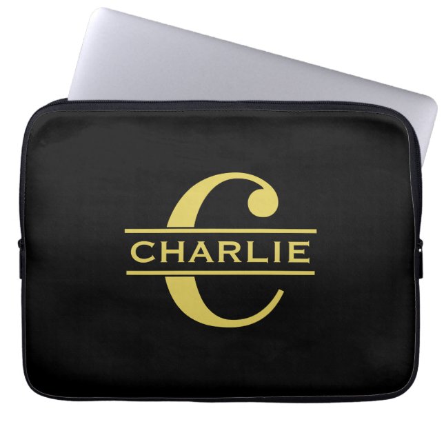 Personalised Monogram And Name Black And Gold Laptop Sleeve (Front)