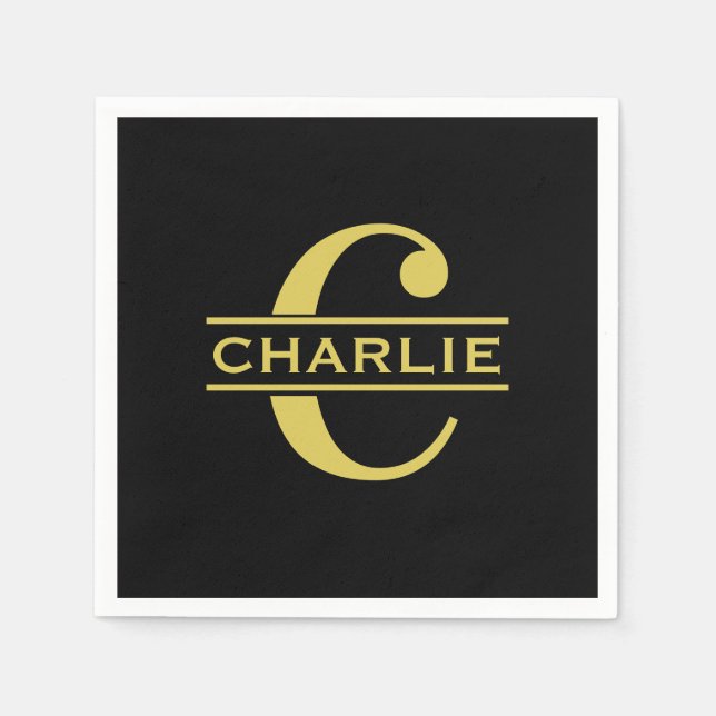 Personalised Monogram And Name Black And Gold Napkin (Front)