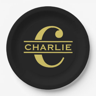 Personalised Monogram And Name Black And Gold Paper Plate