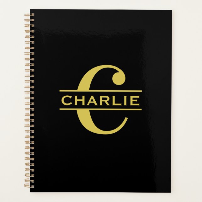 Personalised Monogram And Name Black And Gold Planner (Front)
