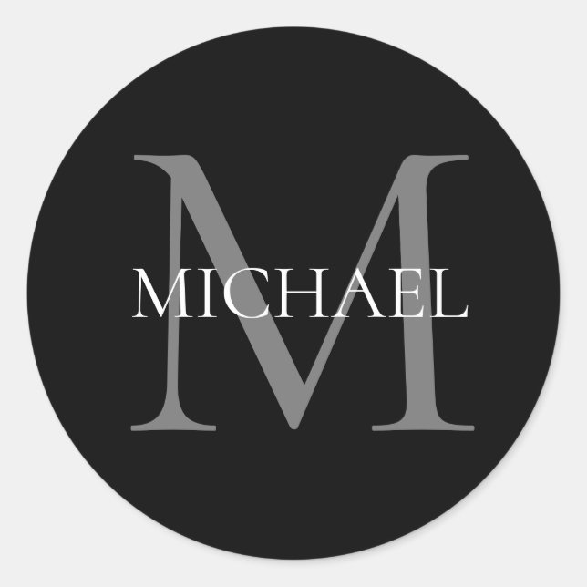 Personalised Monogram and Name Black Classic Round Sticker (Front)