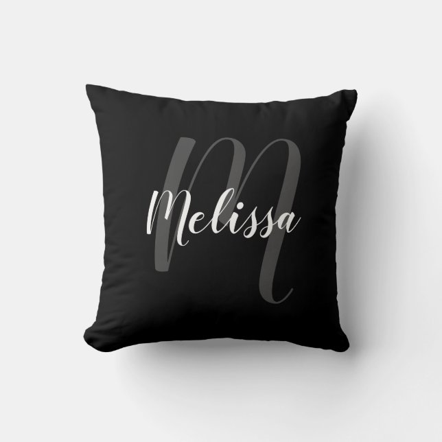 Personalised Monogram and Name Black Elegant Cushion (Front)