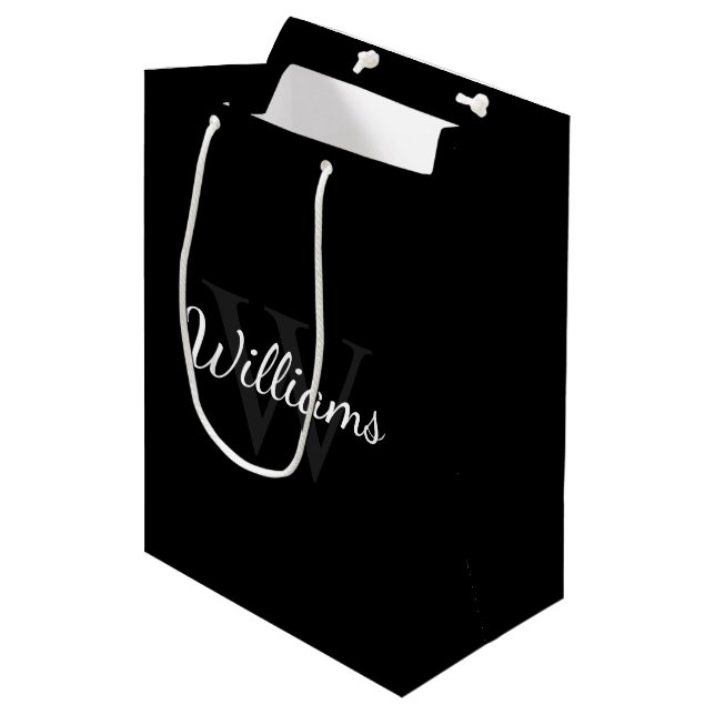 Personalised Monogram and Name Black Medium Gift Bag (Front Angled)