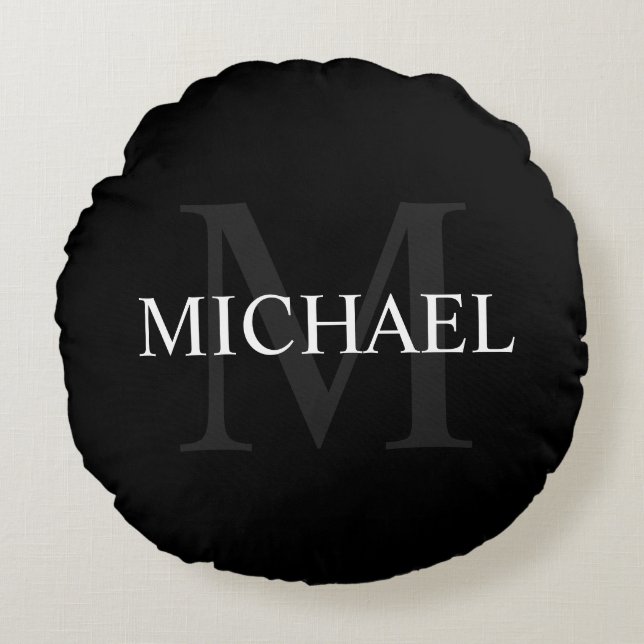 Personalised Monogram and Name Black Round Cushion (Front)