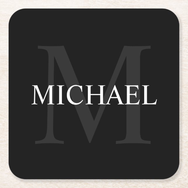 Personalised Monogram and Name Black Square Paper Coaster (Front)