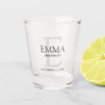 Personalised Monogram and Name Bridesmaid Shot Glass<br><div class="desc">Elevate your wedding affair with custom bridesmaid shot glasses, an ideal way to infuse a personal flair. These shot glasses are adorned with the bridesmaid's name and role in elegant shades of lavender, set against a delicate monogram backdrop in a soft hue. Crafted in a classic and graceful script font,...</div>