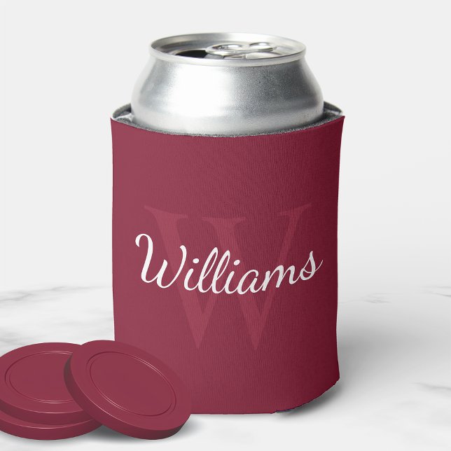 Personalised Monogram and Name Burgundy Red Can Cooler (Creator Uploaded)