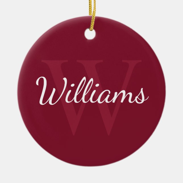 Personalised Monogram and Name Burgundy Red Ceramic Ornament (Front)