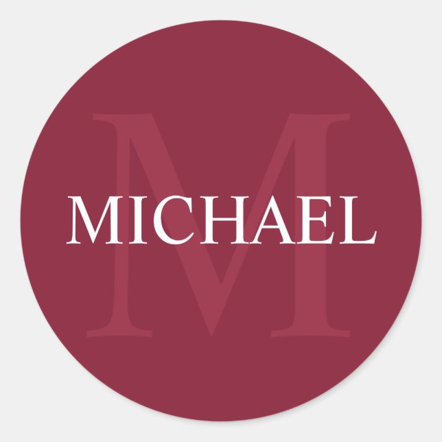 Personalised Monogram and Name Burgundy Red Classic Round Sticker (Front)