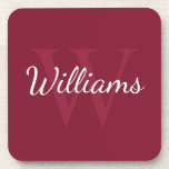 Personalised Monogram and Name Burgundy Red Coaster<br><div class="desc">Personalised Monogram and Name Gift
features personalised name in white script font style and monogram in light burgundy red serif font style as background, on burgundy red background.
Perfect as holiday gift, father's day gift, family reunion gift, thank you gift for groomsmen and gift for any special occasions.</div>