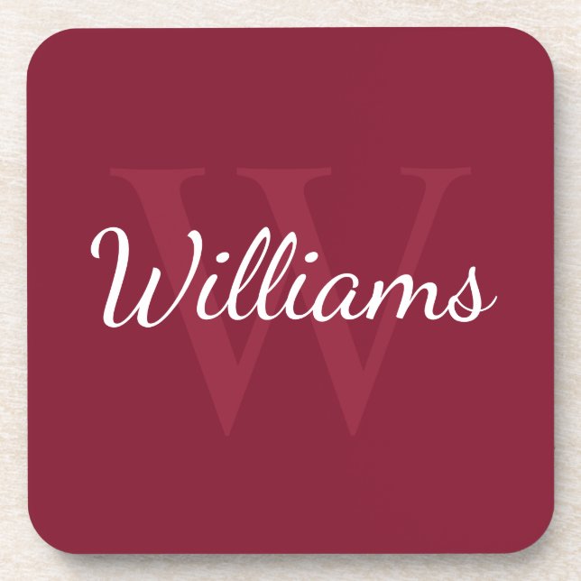 Personalised Monogram and Name Burgundy Red Coaster (Front)