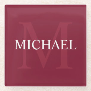 Personalised Monogram and Name Burgundy Red Glass Coaster