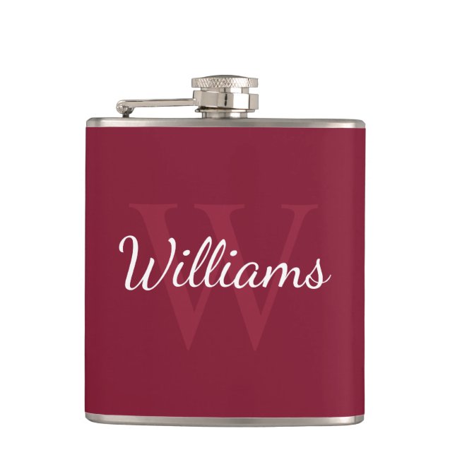 Personalised Monogram and Name Burgundy Red Hip Flask (Front)